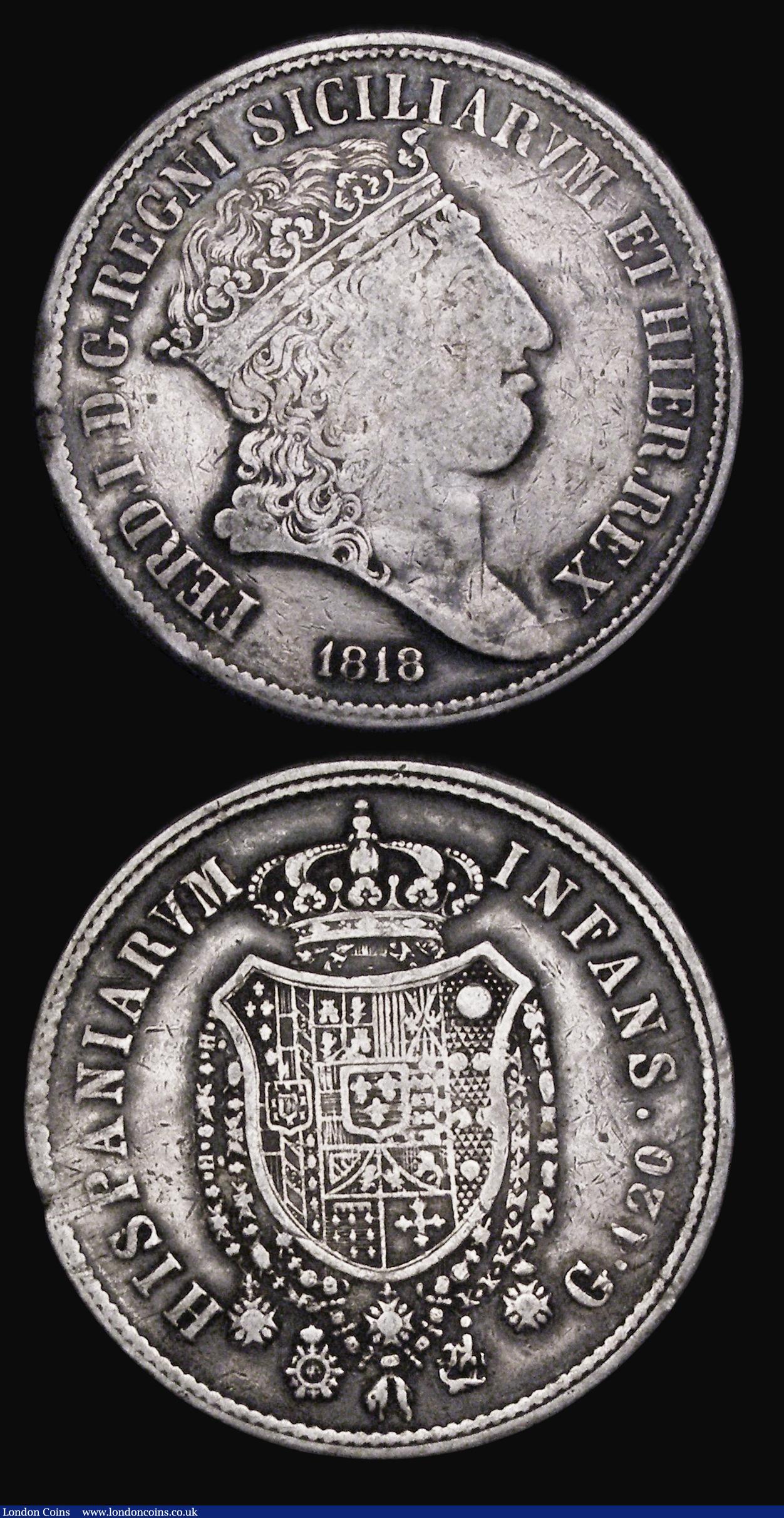 London Coins : A190 : Lot 1238 : France 5 Francs L'An 7 mint mark L (Bayonne) approaching Fine along with Naples 120 Grana 1818 ...