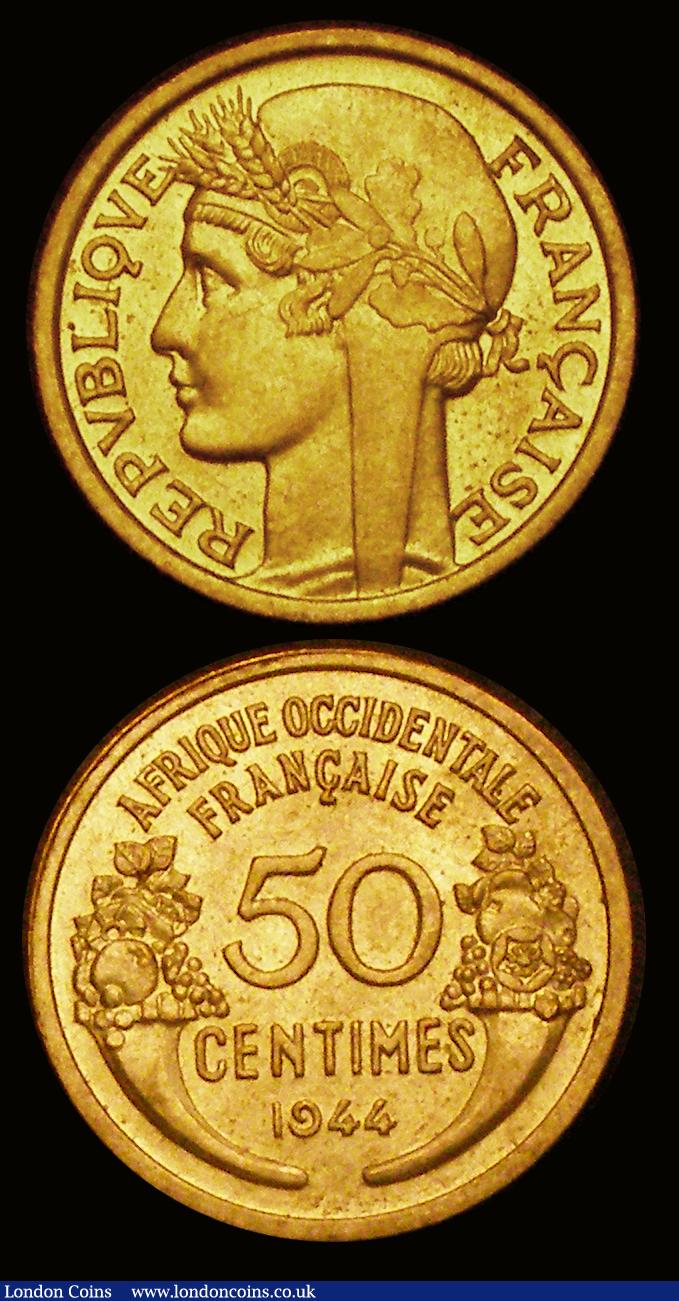 London Coins : A190 : Lot 1243 : French West Africa (2) One Franc 1944 London Mint KM#2 Lustrous UNC with some small spots, 50 Centim...