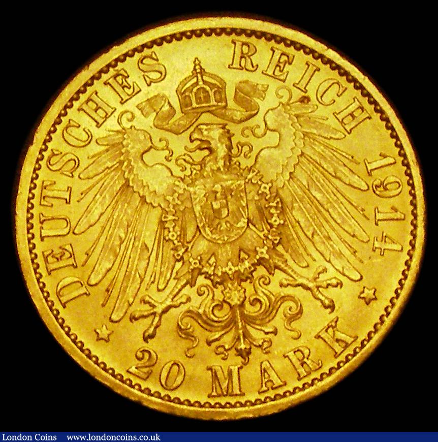 London Coins : A190 : Lot 1255 : German States - Prussia 20 Marks Gold 1914A KM#537 UNC and lustrous, the obverse with some contact m...