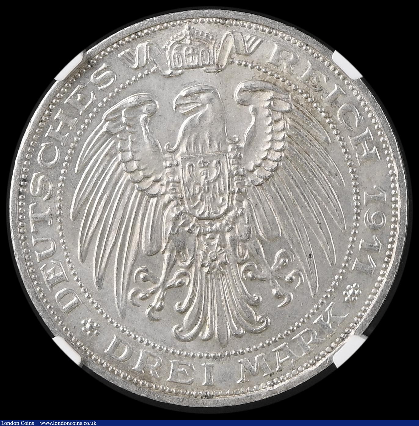 London Coins : A190 : Lot 1256 : German States - Prussia 3 Marks 1911A Breslau University KM#531 Lustrous UNC and graded MS63 by NGC