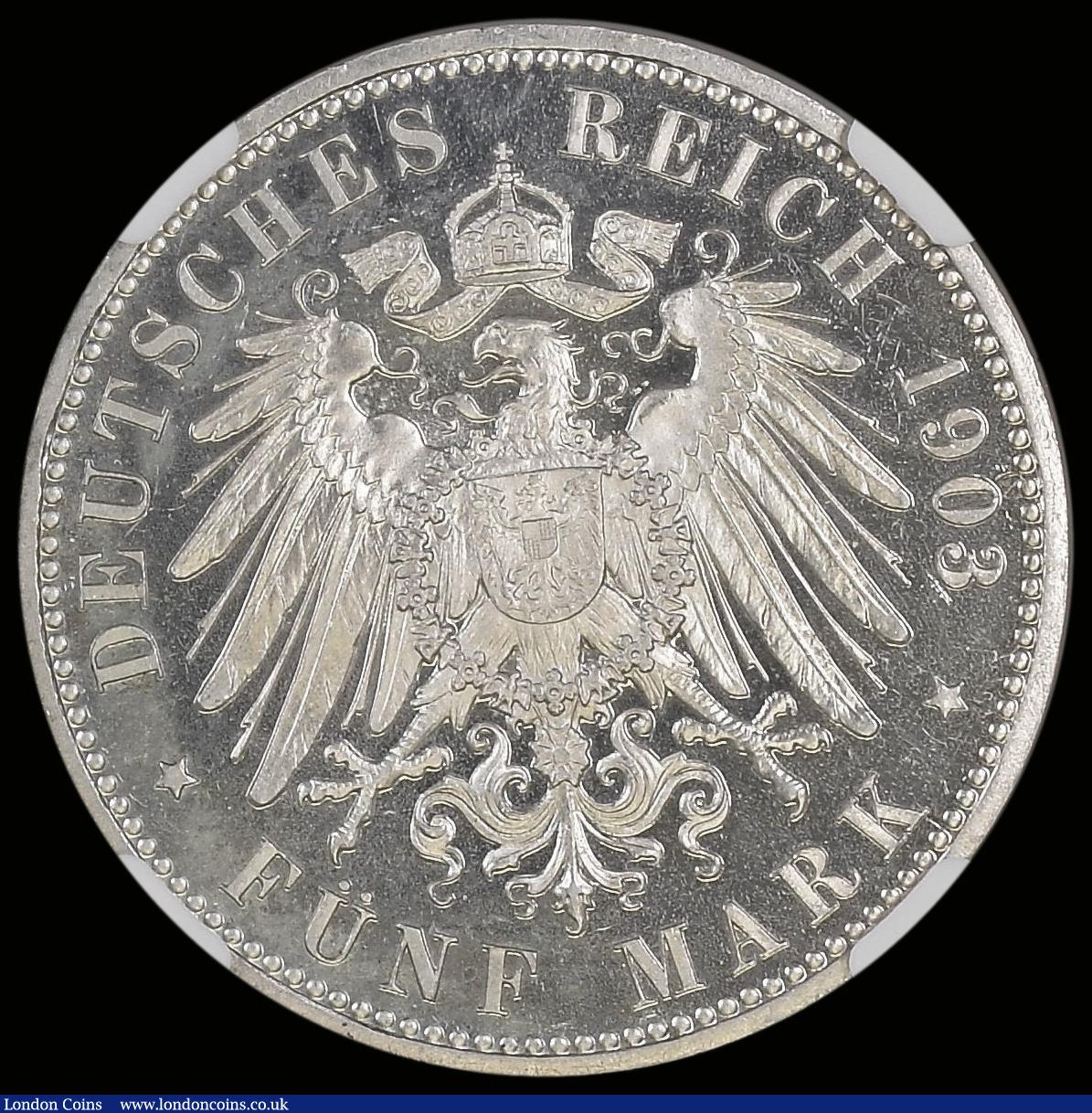 London Coins : A190 : Lot 1259 : German States Saxe-Weimar-Eisenbach 5 Marks 1903A First Marriage KM218 Proof nFDC and graded PF61 CA...