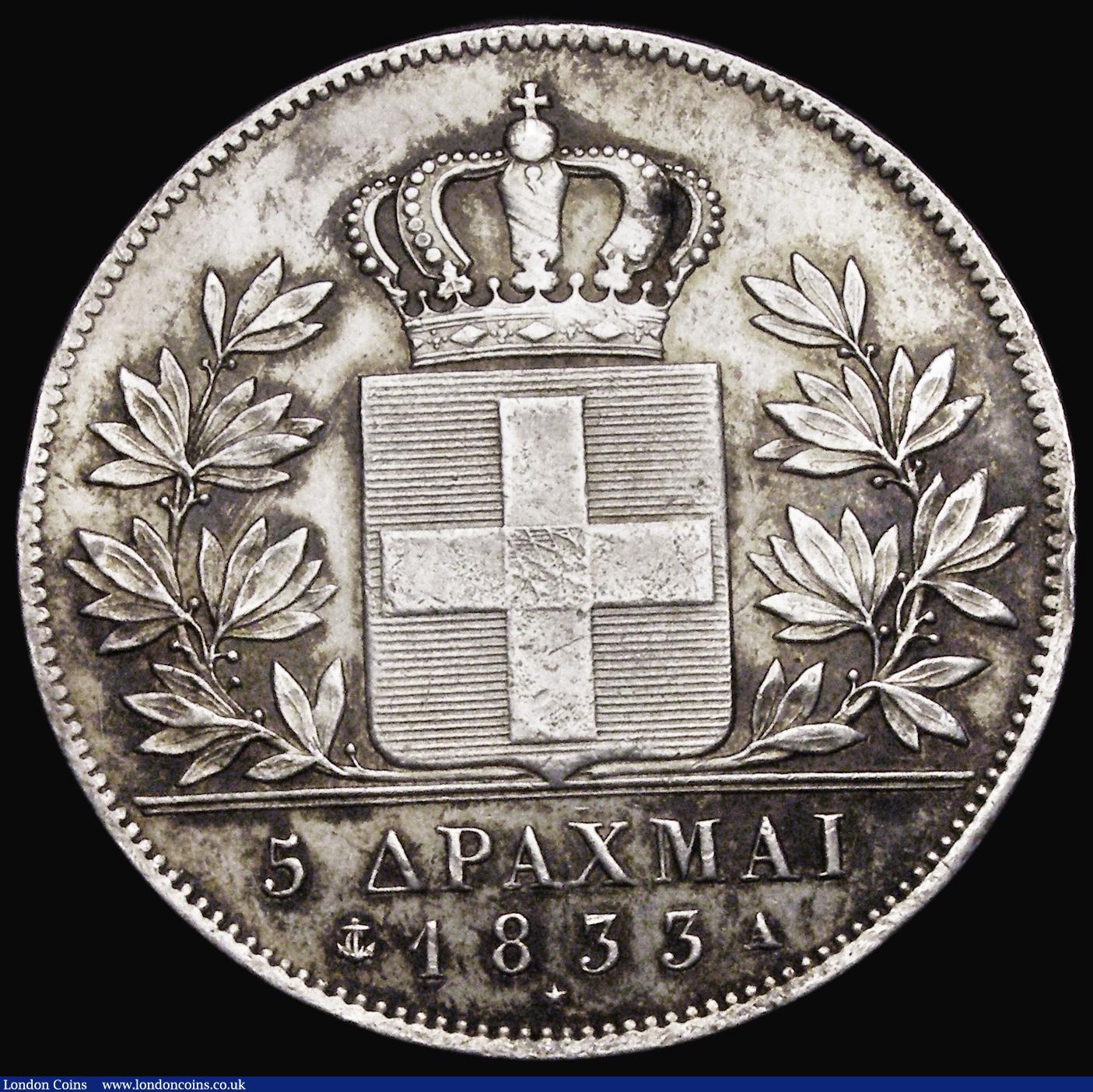 London Coins : A190 : Lot 1267 : Greece Five Drachmai 1833A KM#20 NVF toned with some minor adjustment marks on the crown and signs o...