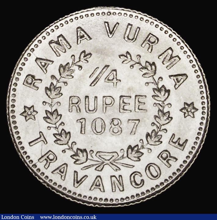 London Coins : A190 : Lot 1290 : India - Travancore 1/4 Rupee 1087 KM52 Brilliantly Uncirculated