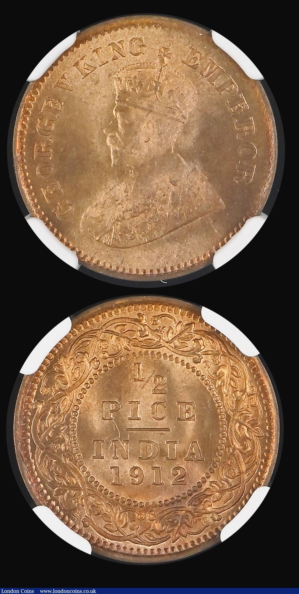 London Coins : A190 : Lot 1292 : India (2) Quarter Anna 1835 Calcutta KM#446.2 in an NGC holder and graded MS63 RB, Half Pice 1912 Ca...