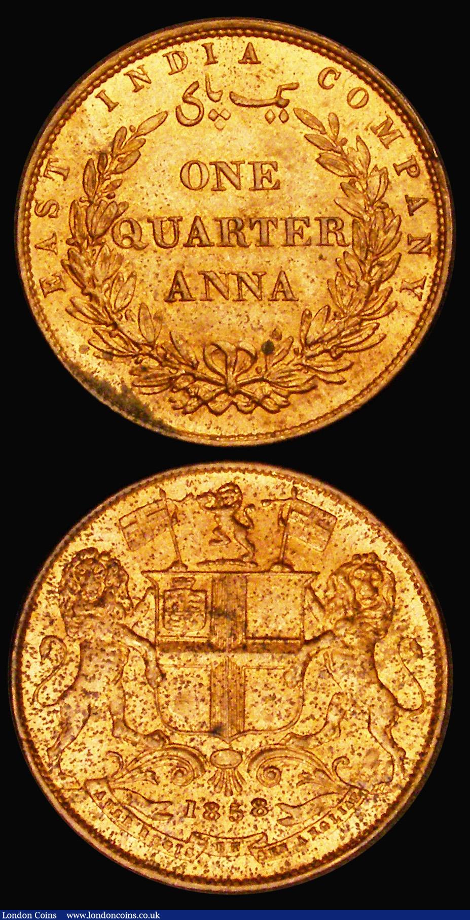 London Coins : A190 : Lot 1311 : India One Quarter Anna (2)1835  Unc with subdued lustre and a fleck of verdigris bottom of the wreat...