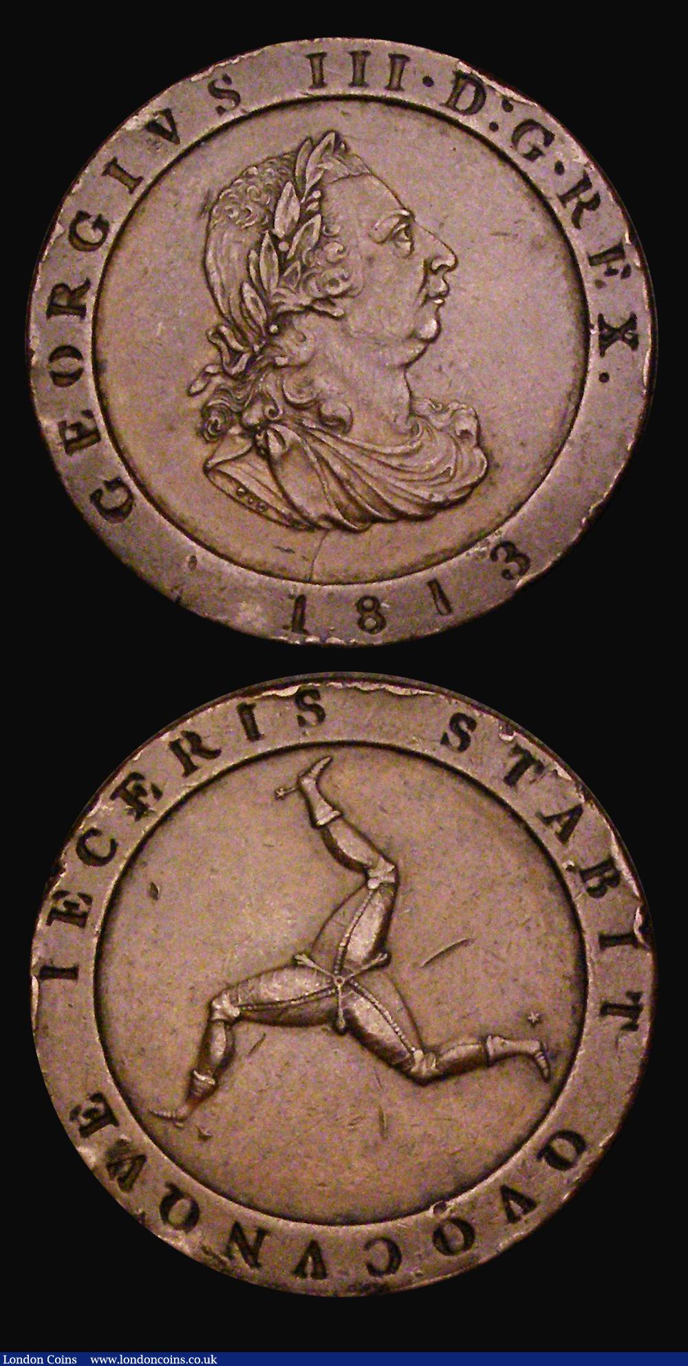London Coins : A190 : Lot 1340 : Isle of Man (2) Bank Penny 1811 VF once cleaned and with some surface corrosion, Half Penny 1813 VF ...