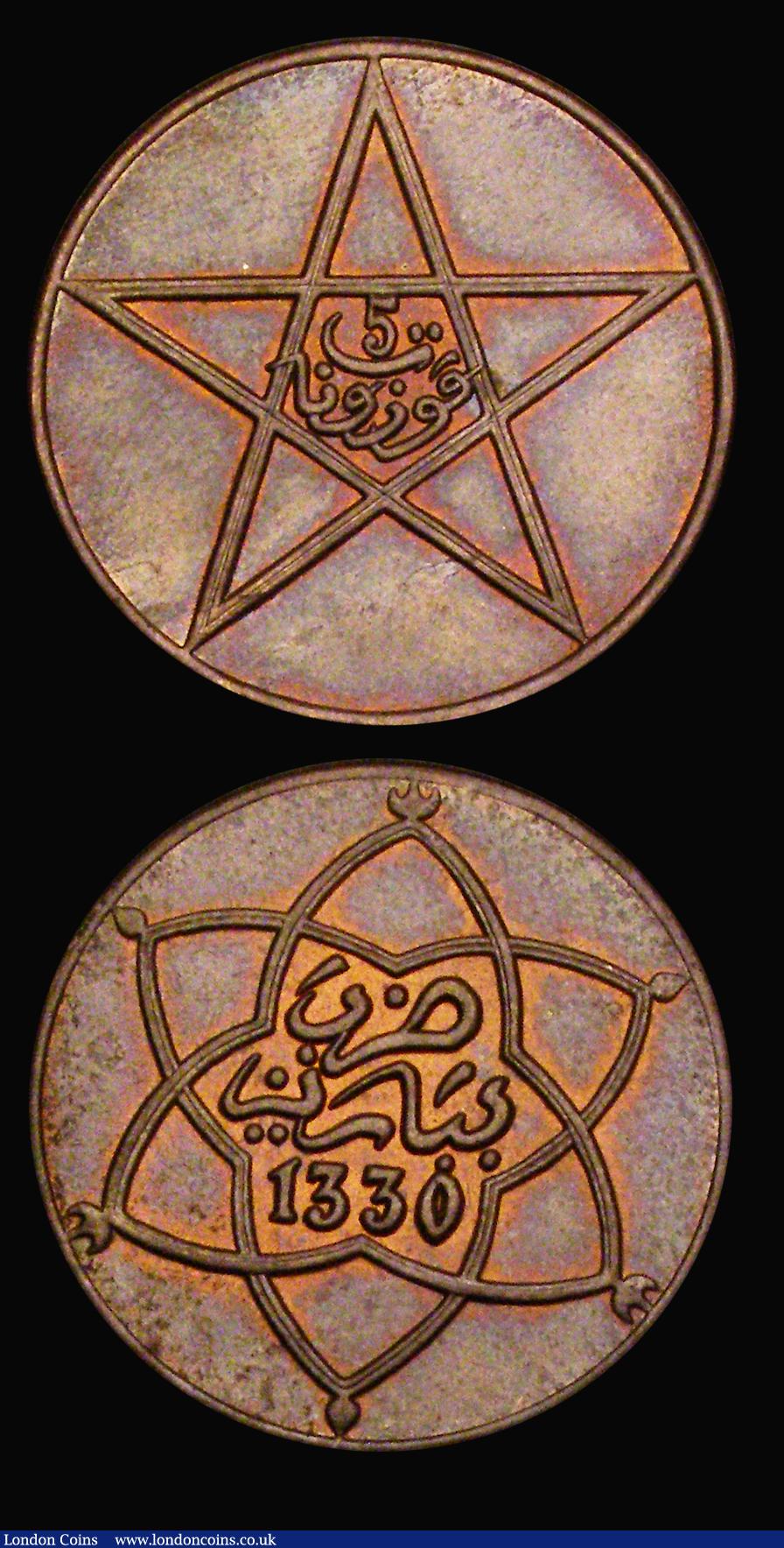 London Coins : A190 : Lot 1373 : Morocco (2) 10 Mazunas AH1330 Pa (1912) Y#29.1 Toned UNC, 5 Mazunas AH1330 Pa (1912) Y#28.1 UNC with...