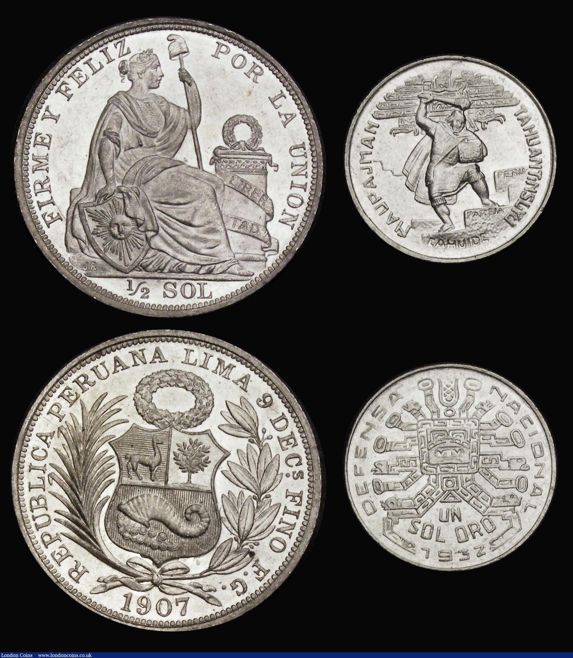 London Coins : A190 : Lot 1394 : Peru (3) Half Sol 1907 FG-JR KM#203 UNC with practically full lustre, Sol 1932 Token Coinage KM#Tn4 ...