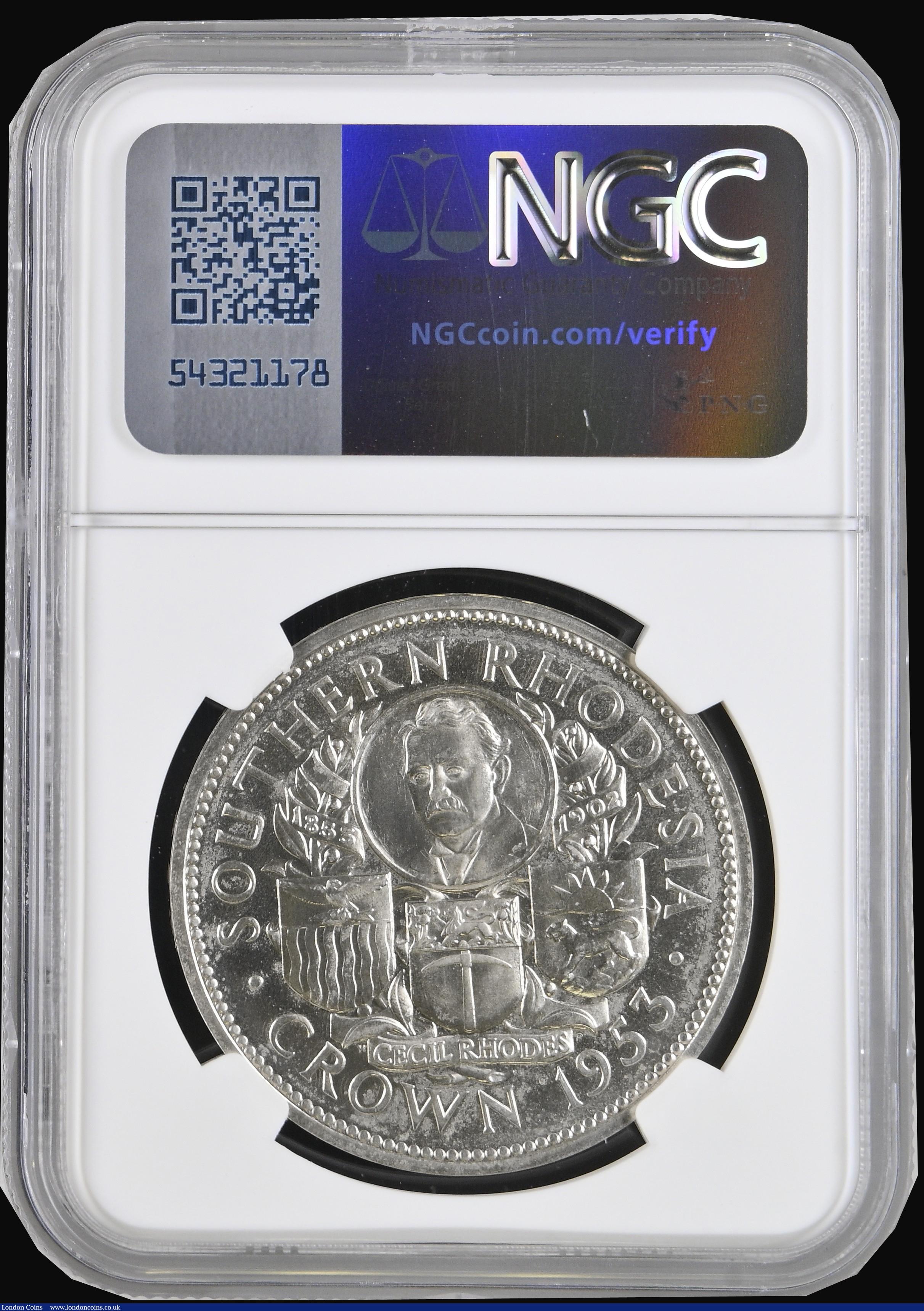 London Coins : A190 : Lot 1429 : Southern Rhodesia Crown 1953 Proof Cecil Rhodes Centenary KM#27 FDC and graded PF64 by NGC rare in t...