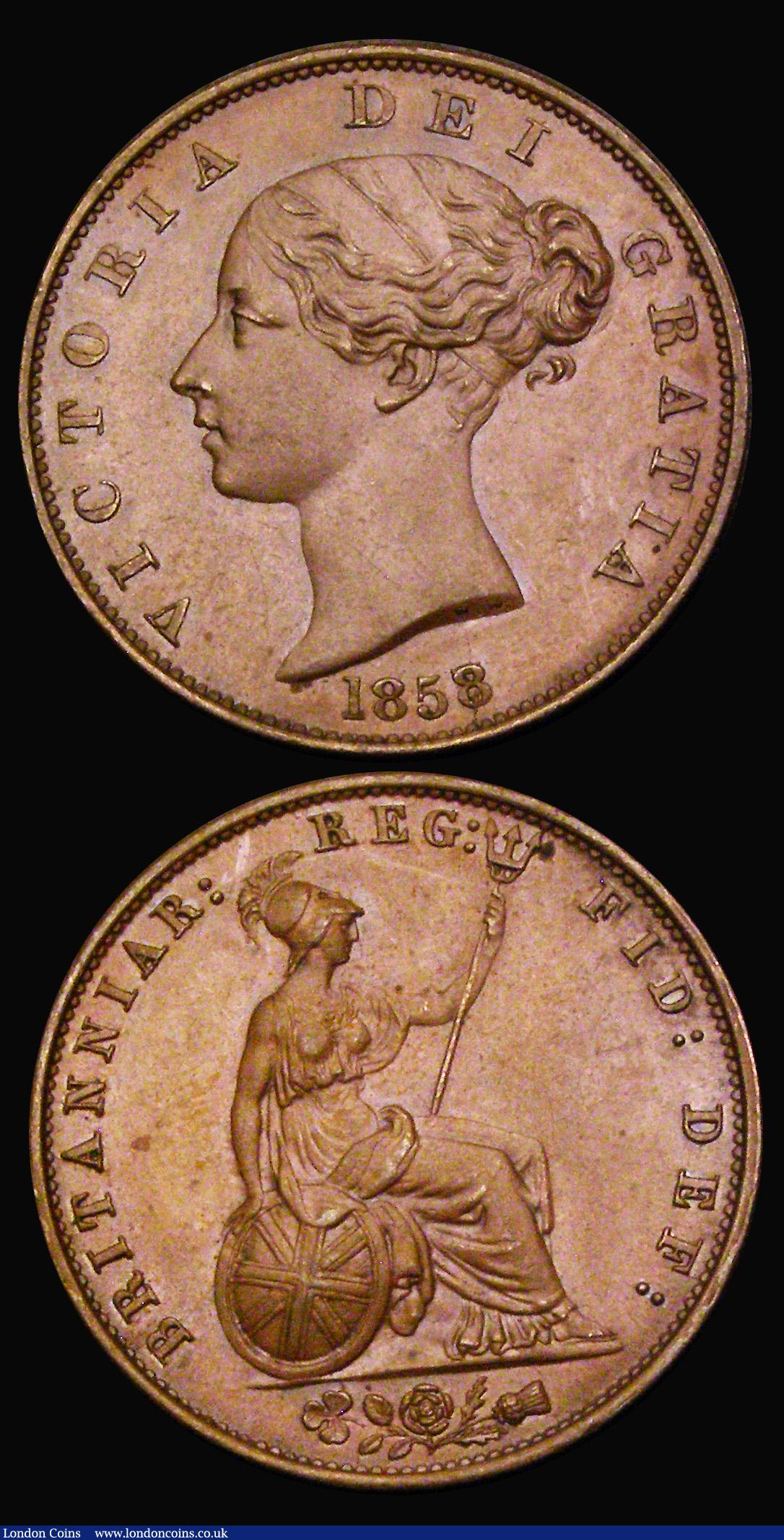 London Coins : A190 : Lot 1984 : Halfpennies (2) 1855 GEF and Halfpenny 1858 8 over 7 Peck 1548 Brown UNC or near so