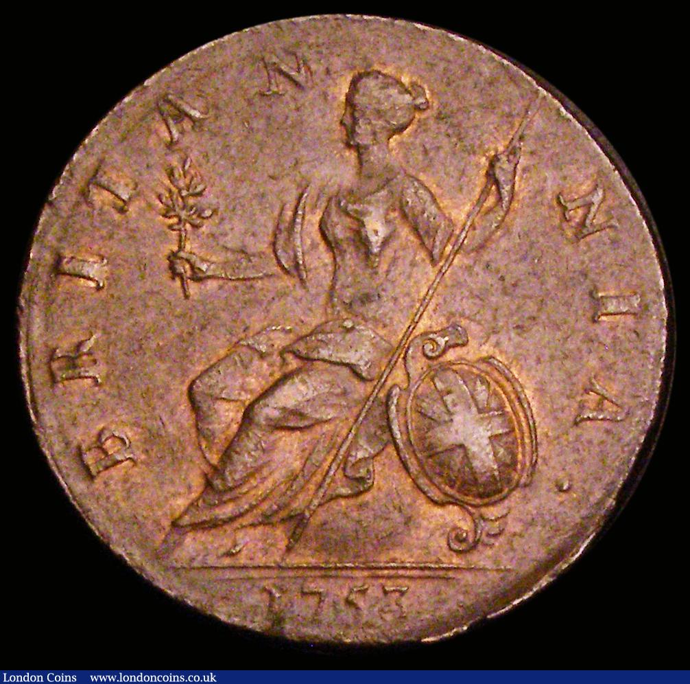 London Coins : A190 : Lot 1988 : Halfpenny 1753 Peck 883 NEF/GVF with some contact marks and traces of lustre