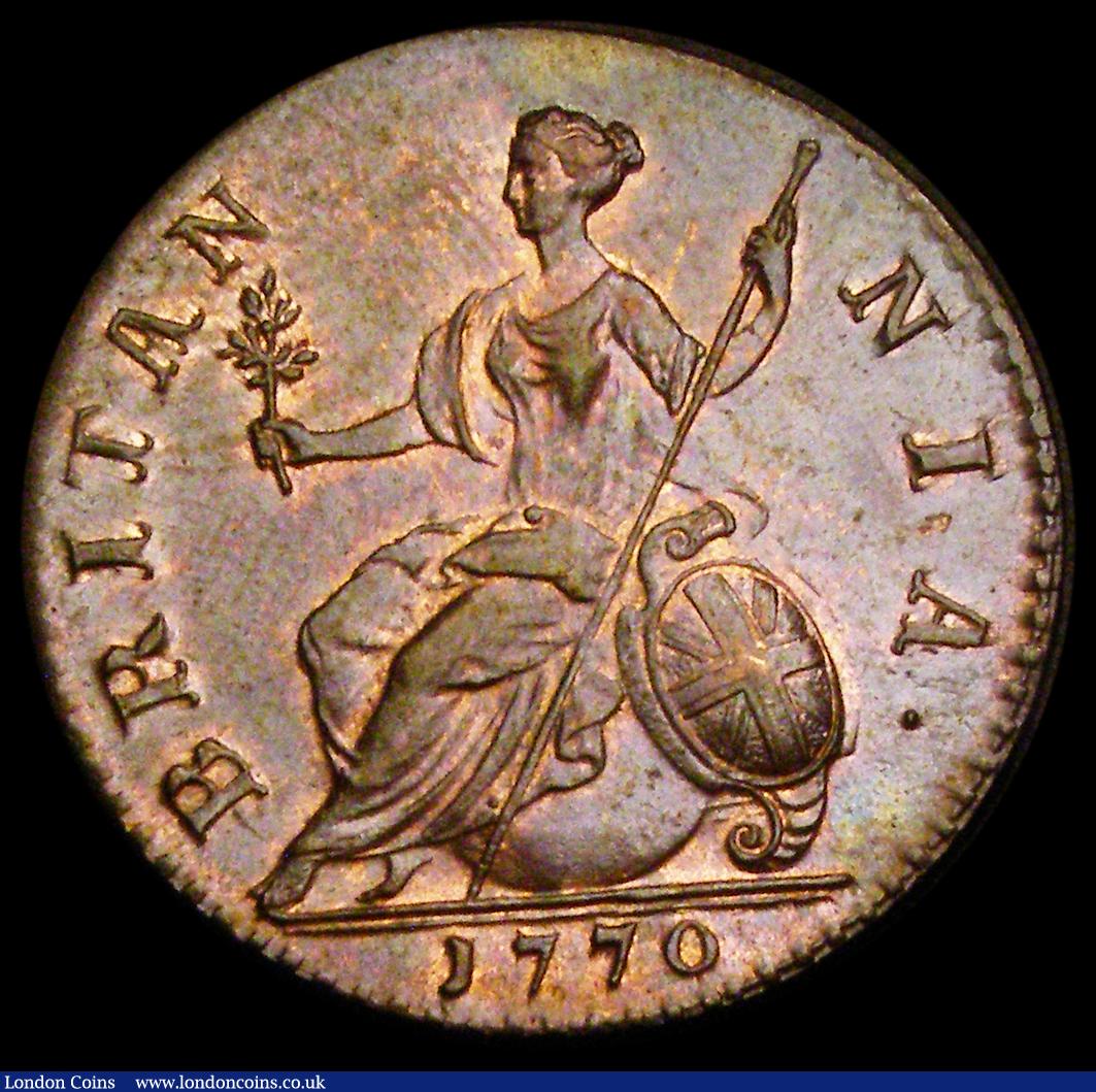 London Coins : A190 : Lot 1989 : Halfpenny 1770 Peck 893 Chocolate Unc with some lustre reverse and perhaps once cleaned