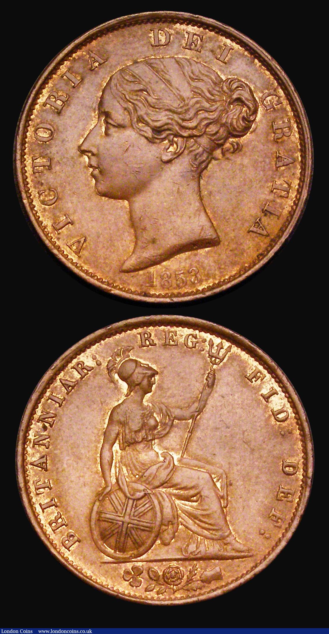 London Coins : A190 : Lot 1991 : Halfpenny 1853 (2) the first AU with traces of lustre and some surface nicks, the other lustrous Unc...