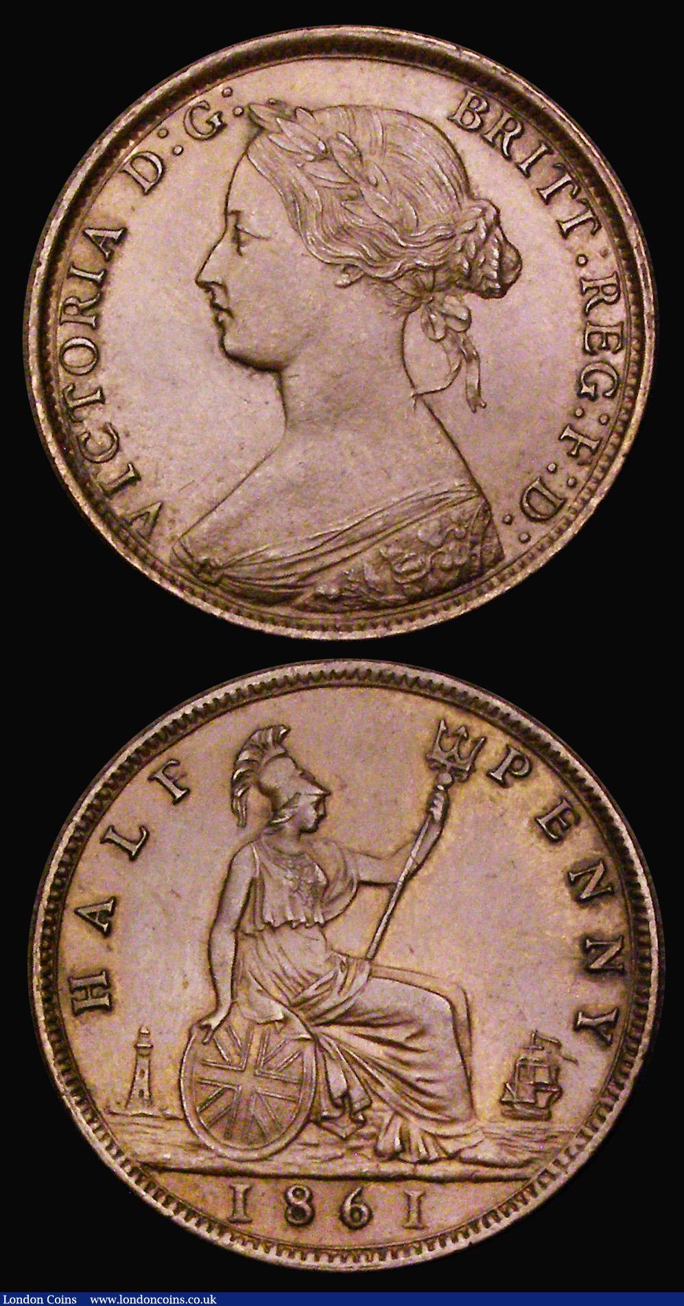 London Coins : A190 : Lot 1993 : Halfpenny 1860 Beaded Border Freeman 258 dies 1+A, EF along with Halfpenny 1861 Freeman 279 dies 7+F...