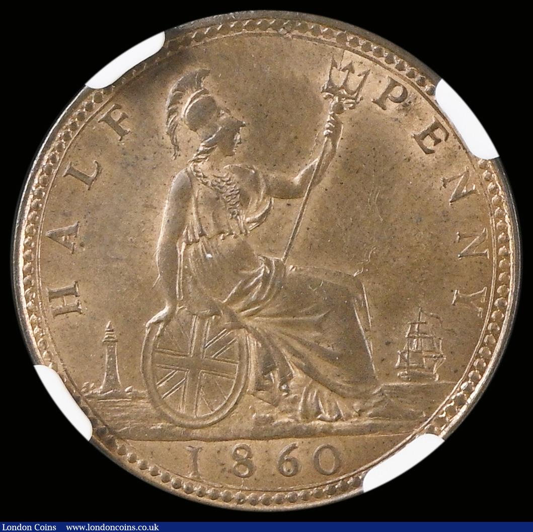 London Coins : A190 : Lot 1994 : Halfpenny 1860 Beaded Border Freeman 258 NGC MS63 RB