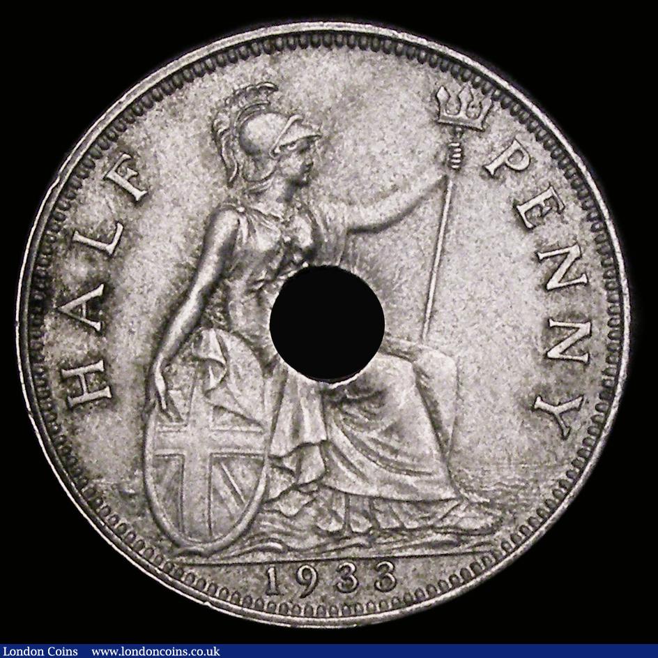 London Coins : A190 : Lot 2011 : Halfpenny 1933 struck on an incorrect thicker flan with central hole, 5.63 grammes, in cupro-nickel?...