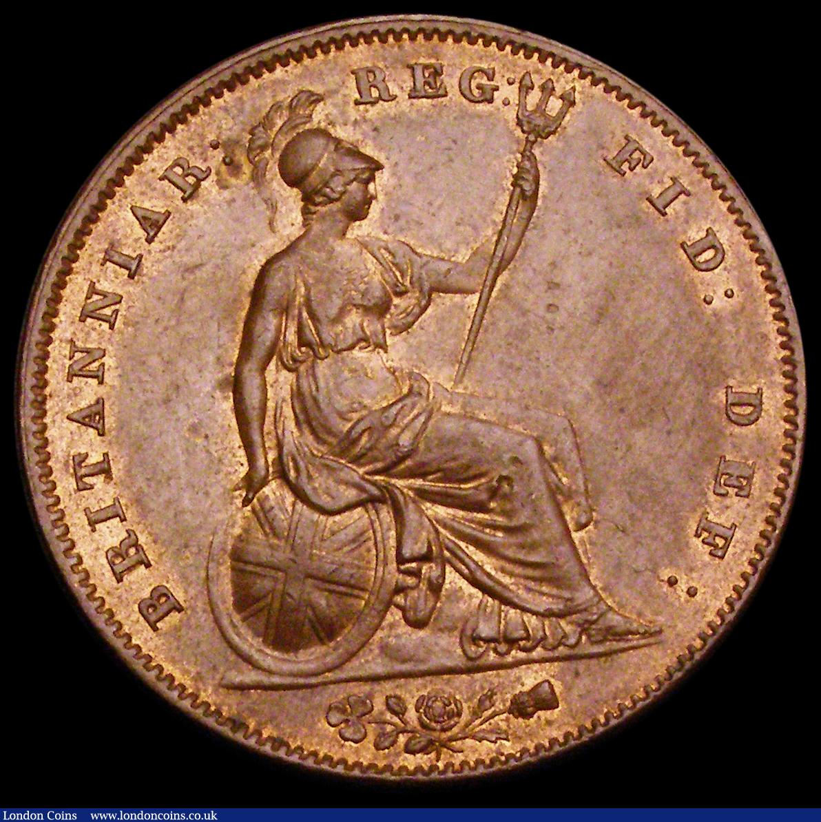 London Coins : A190 : Lot 2053 : Penny 1844 Peck 1487 Unc/AU with a decent degree of peripheral lustre and a few toning spots