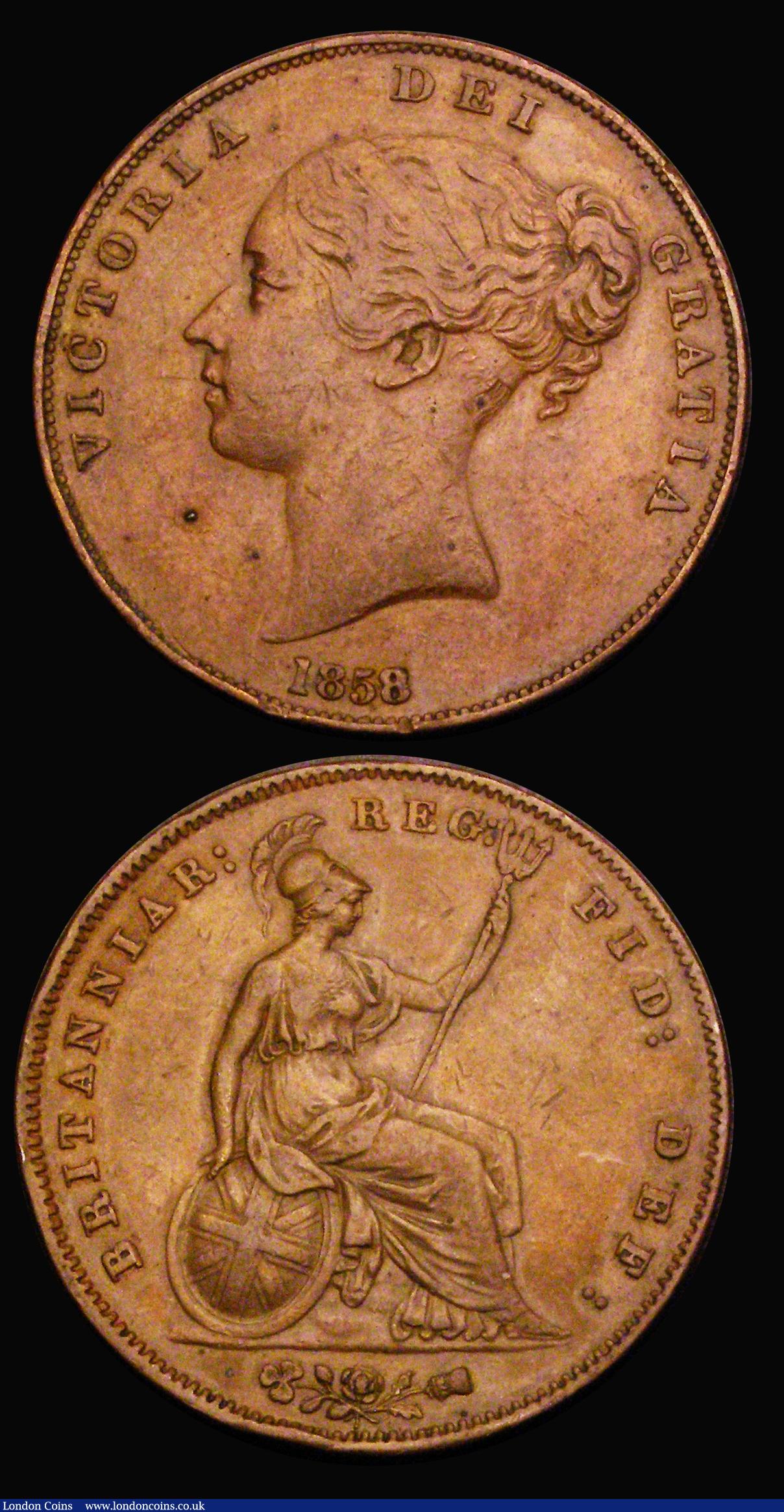 London Coins : A190 : Lot 2070 : Penny 1858 8 over 3 Peck 1515 VF with a gentle edge bruise and Penny 1858 Small Date Peck 1517 EF