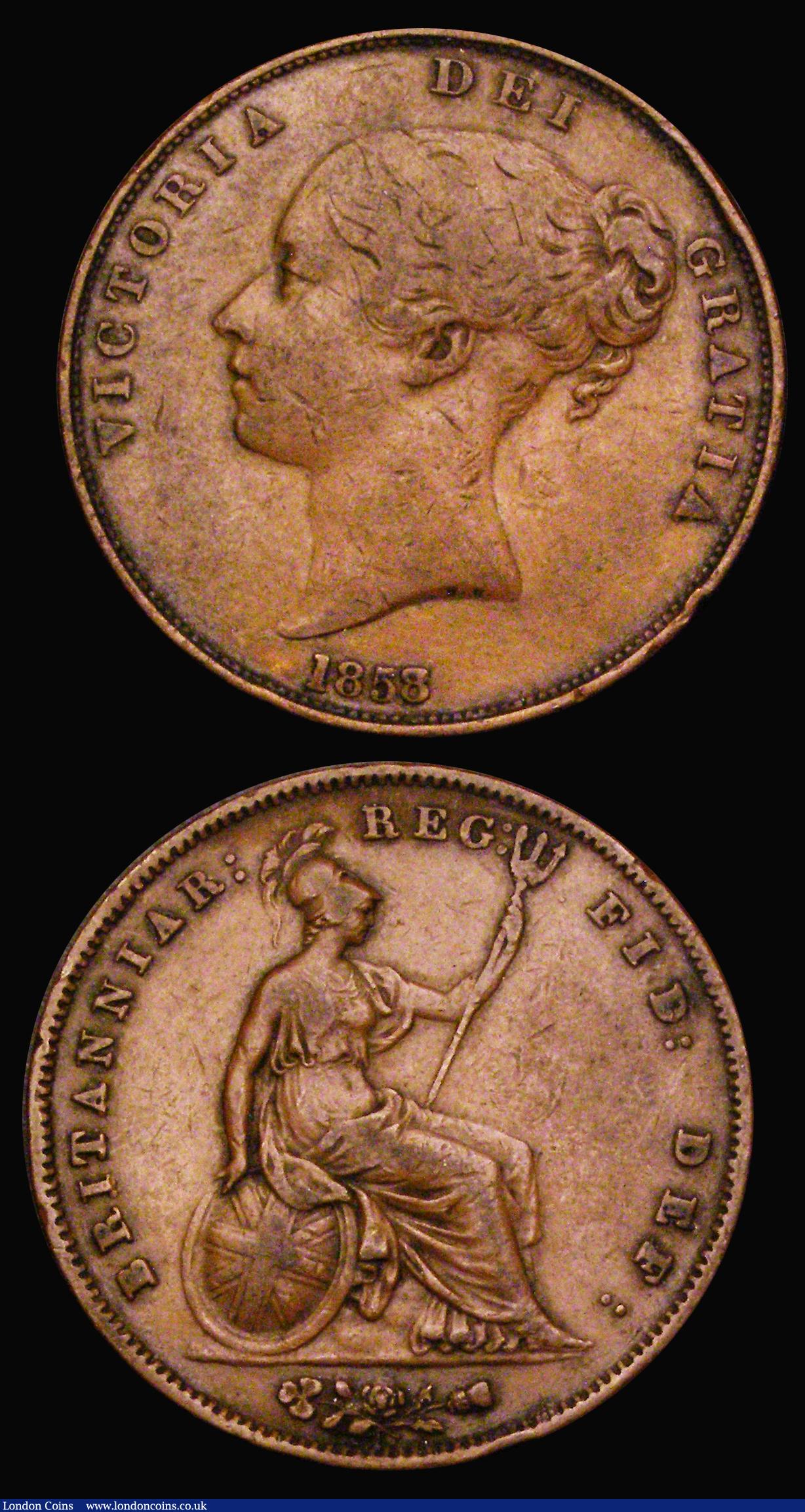London Coins : A190 : Lot 2071 : Penny 1858 Large Date with W.W. Peck 1517 EF with traces of verdigris in places and Penny 1858 8 ove...