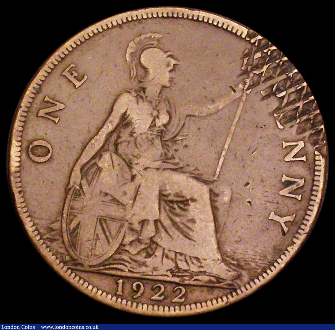 London Coins : A190 : Lot 2171 : Penny 1922 with 1927 reverse Freeman 192A dies 3+C near Fine with an usual fault (reminiscent of lat...