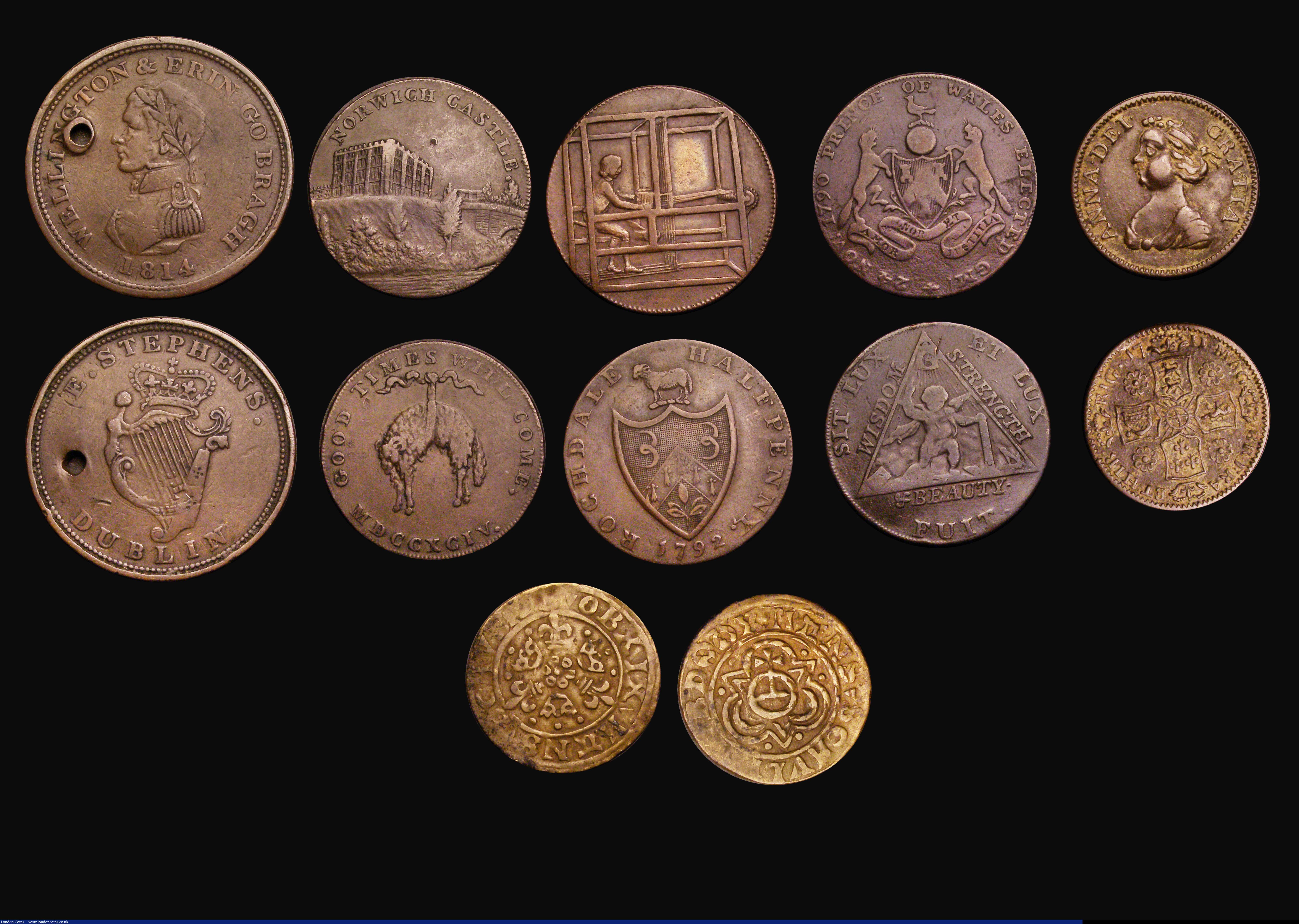 London Coins : A190 : Lot 733 : Tokens and Jetons a mixed group (13) Halfpennies 18th Century (4) Norfolk - Norwich 1792 Arms of Nor...