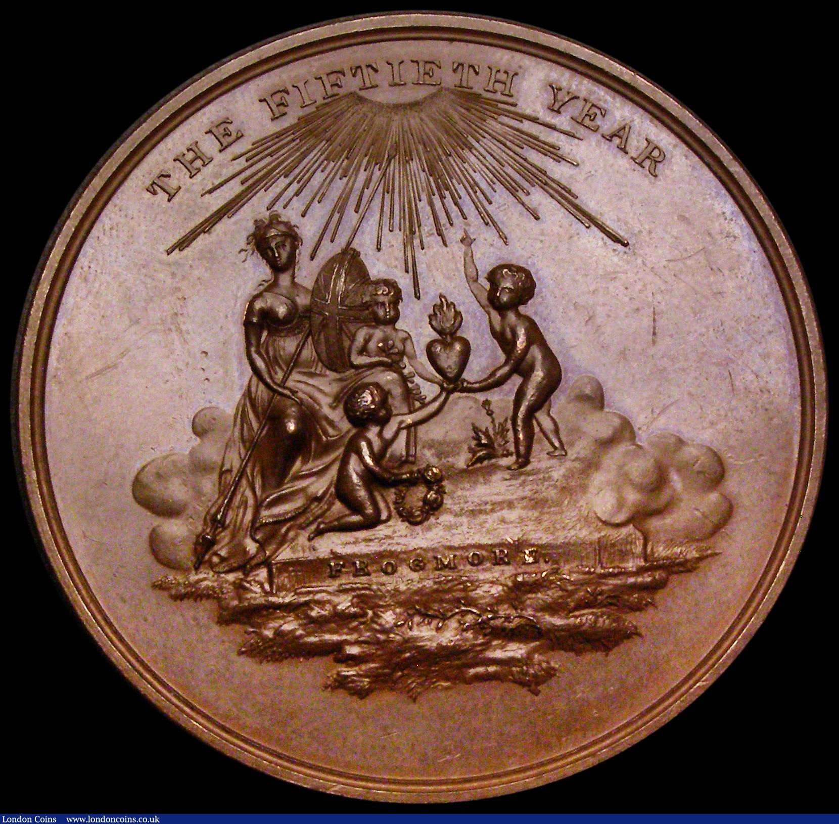 London Coins : A190 : Lot 763 : George III Golden Jubilee 1810 48mm diameter in copper by N.Hyde, Obverse: Uniformed bust of George ...