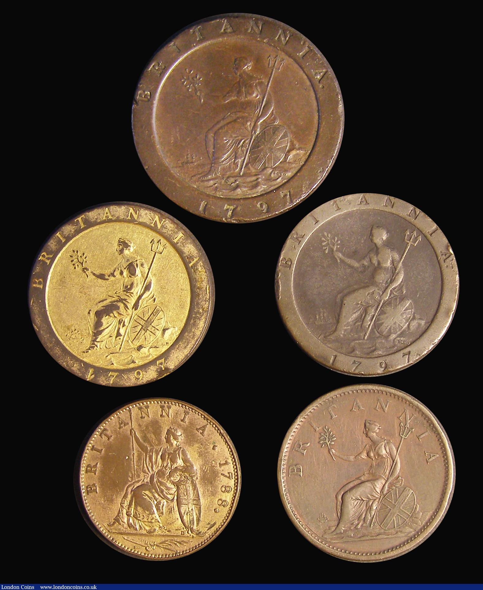 London Coins : A190 : Lot 907 : George III Copper (5) Cartwheels (3) Twopence 1797 GVF with the usual minor surface and edge bumps, ...
