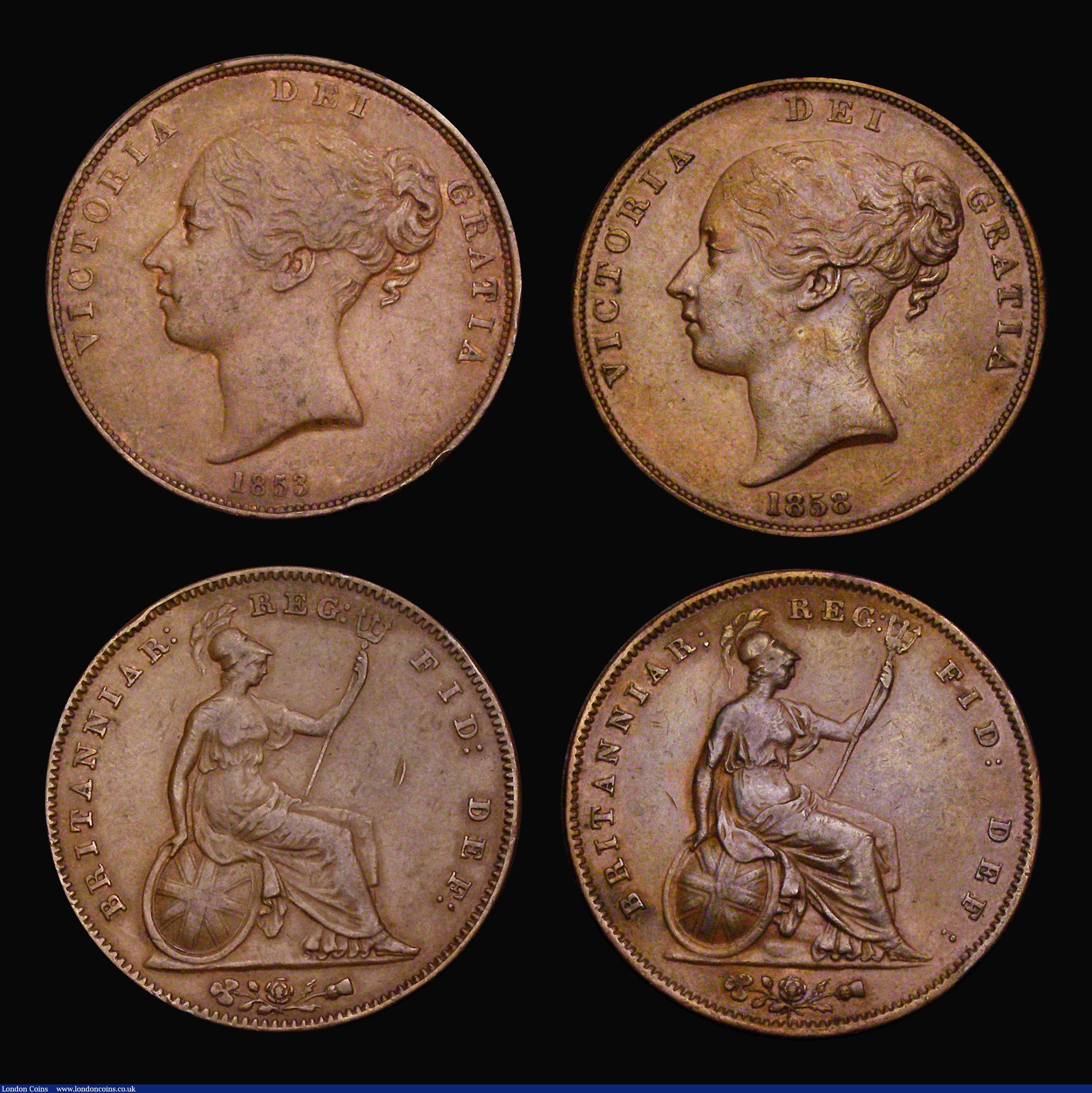 London Coins : A190 : Lot 952 : Pennies in Copper (6) 1853 Plain Trident Peck 1504 VF with some minor edge bruises, 1854 Plain Tride...