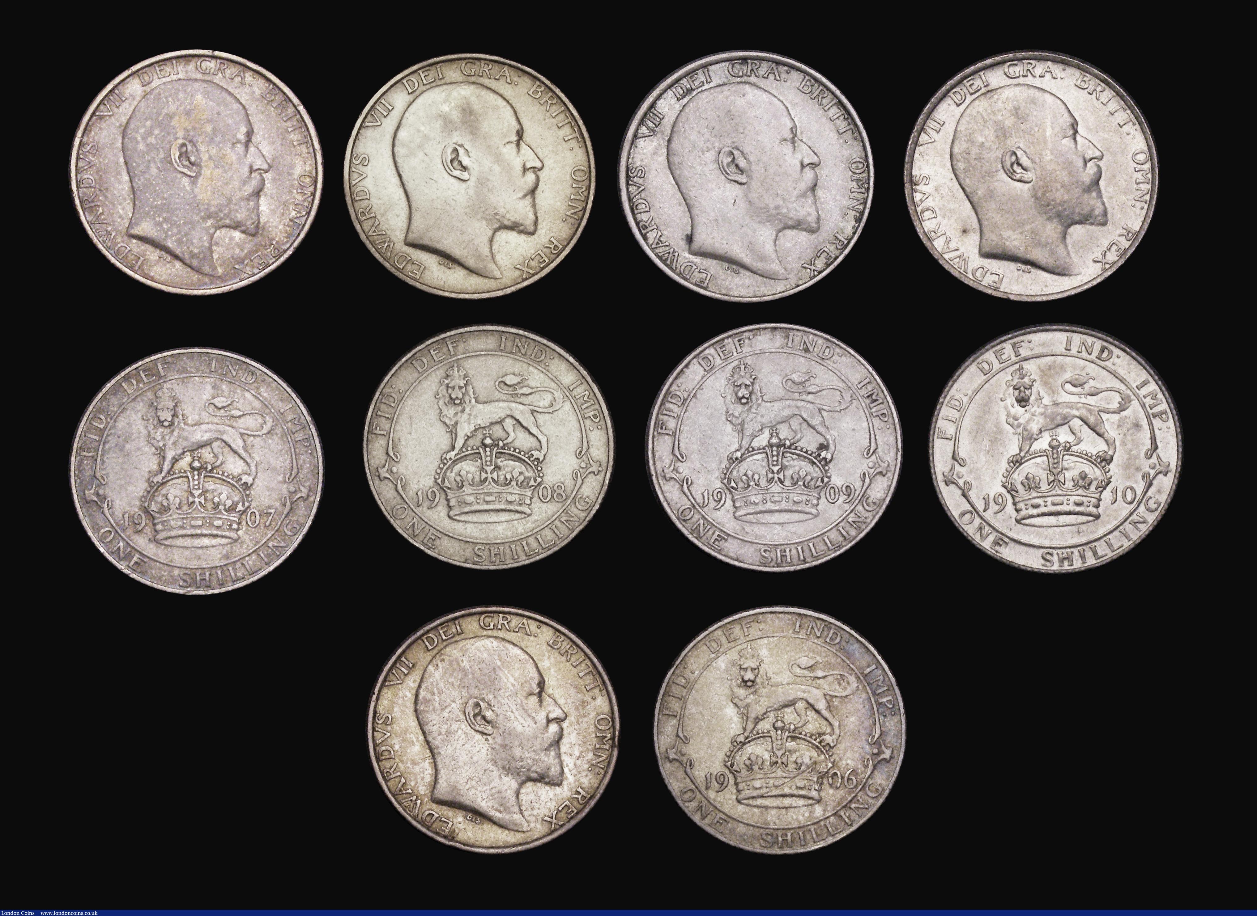London Coins : A190 : Lot 963 : Shillings Edward VII a full set 1902 aEF, 1902 MP nFDC streaky toning as often seen, 1903 Fine, 1904...