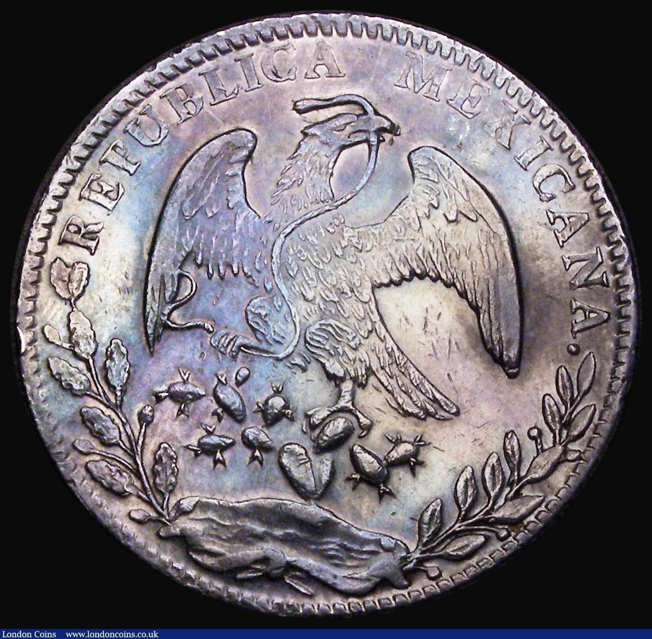 London Coins : A191 : Lot 1051 : Mexico Eight Reales 1880 Cn JD Chihuahua KM#377.2 GVF nicely toned, the reverse with four chop marks