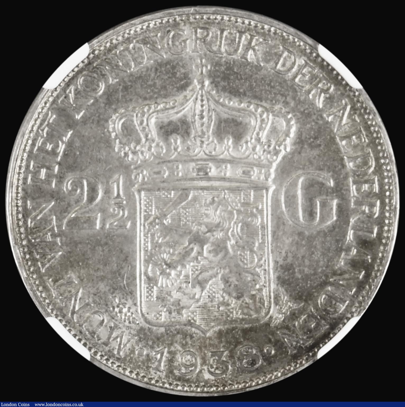 London Coins : A191 : Lot 1058 : Netherlands 2&frac12; Gulden 1938 Deep hairlines KM#165 in an NGC holder and graded AU58