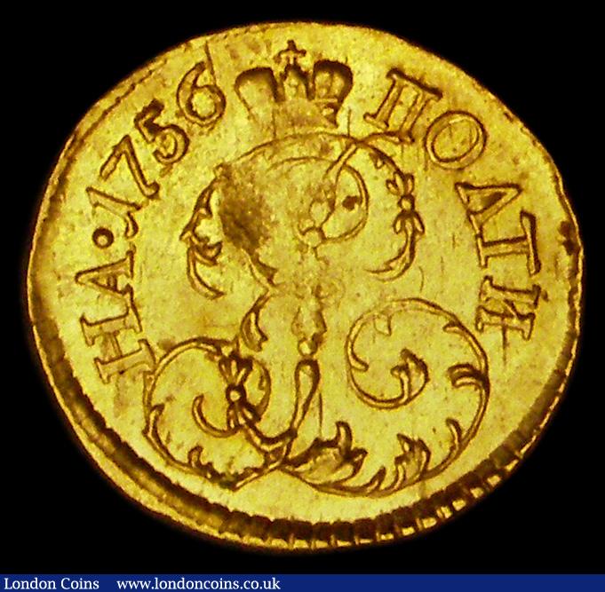 London Coins : A191 : Lot 1081 : Russia Poltina (Gold 1/2 Ruble) 1756 Elizabeth obverse with crowned E monogram reverse scarce one ye...