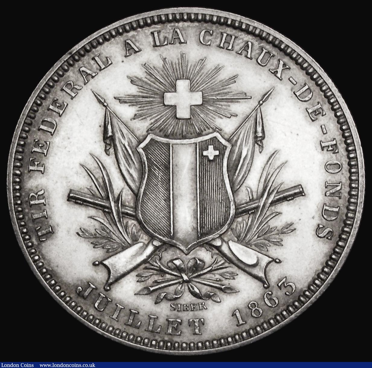 London Coins : A191 : Lot 1134 : Switzerland Five Francs 1863 Shooting Thaler, (Neuch&acirc;tel Shooting Festival)  KM :XS:7 A/Unc