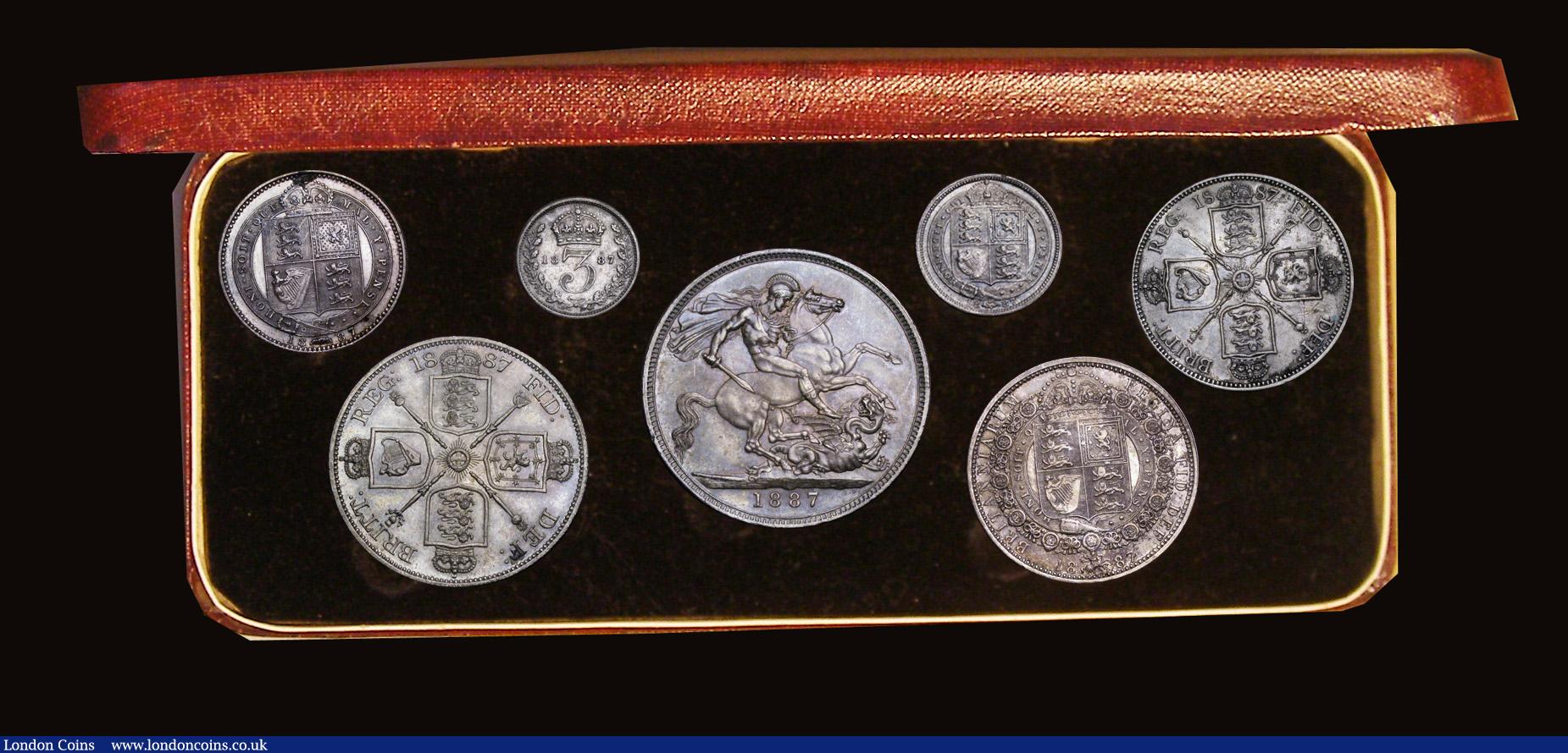 London Coins : A191 : Lot 1239 : Victoria Jubilee Head 1887 7-coin silver set Crown to Threepence EF-AU with matching tone, in a maro...