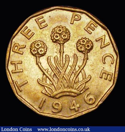 London Coins : A191 : Lot 1243 : Brass Threepence 1946 Peck 2388 Lustrous Unc with the odd minor contact mark, a key date rarity