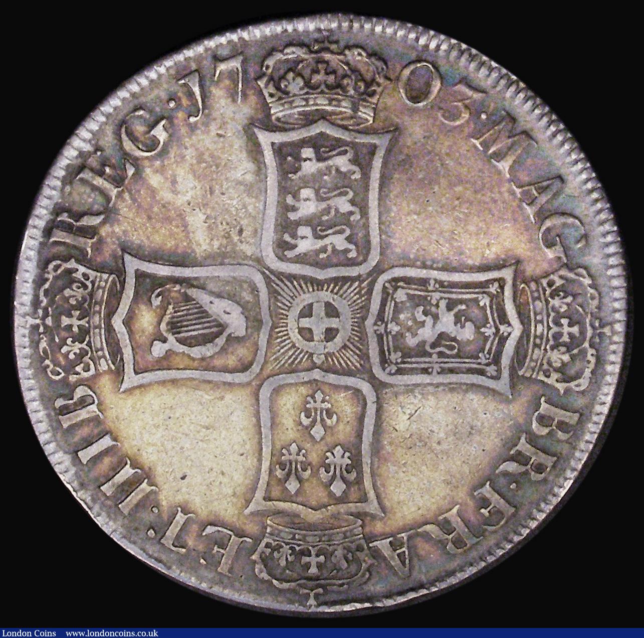 London Coins : A191 : Lot 1282 : Crown 1703 VIGO ESC 99 Fine with an old multicoloured tone