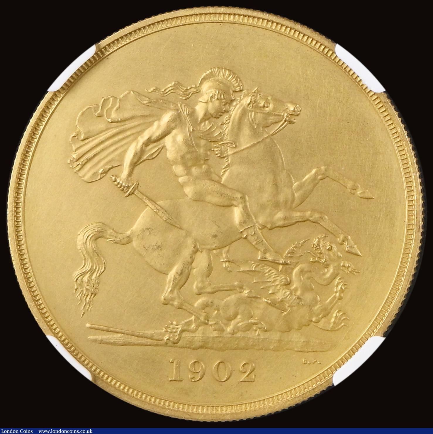 London Coins : A191 : Lot 1431 : Five Pounds 1902 Matt Proof S.3966 in an NGC holder and graded PF61 Matte, from the Coronation Proof...