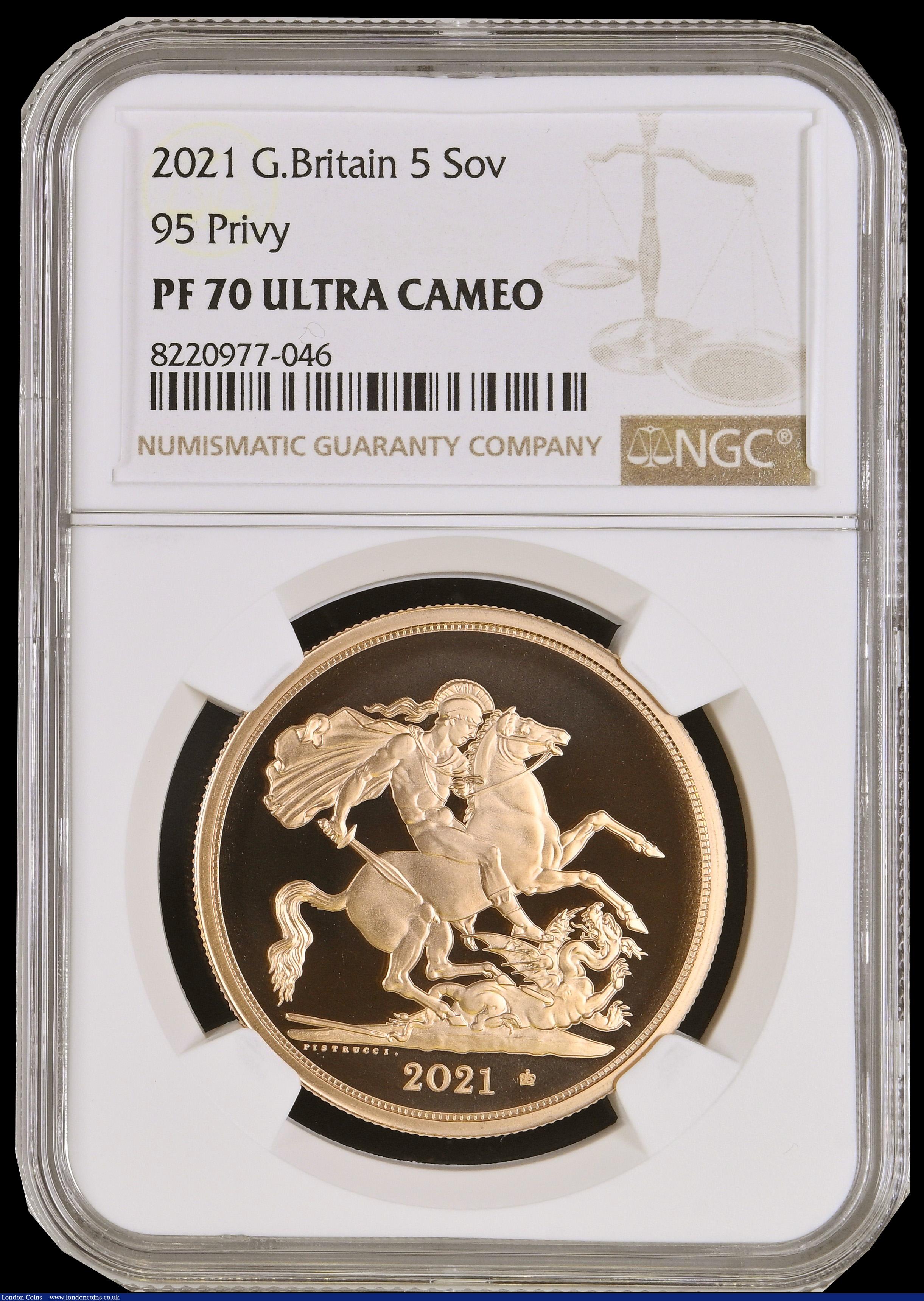 London Coins : A191 : Lot 1443 : Five Pounds 2021 Queen Elizabeth II 95th Birthday with 95 in Crown Privy Mark, S.SE13C, Gold Proof i...