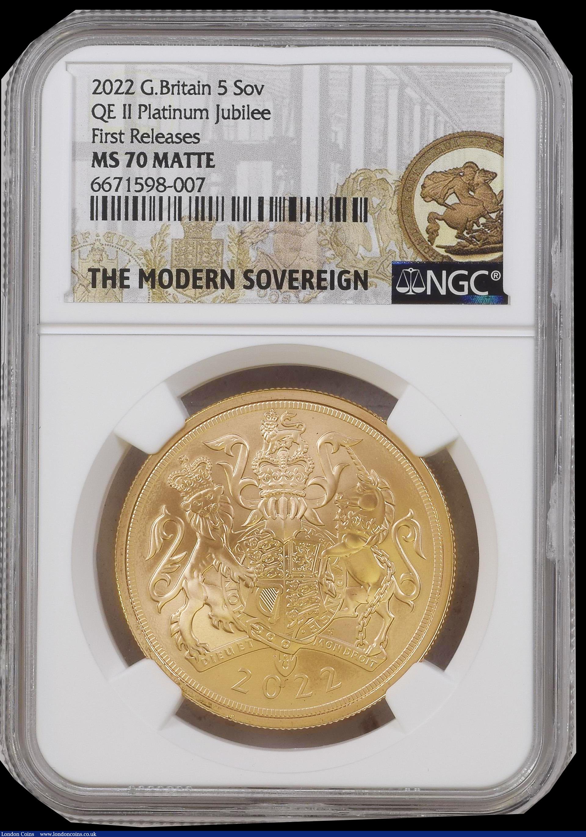 London Coins : A191 : Lot 1445 : Five Pounds 2022 Queen Elizabeth II Platinum Jubilee Gold Matte Finish First Releases, in an NGC hol...