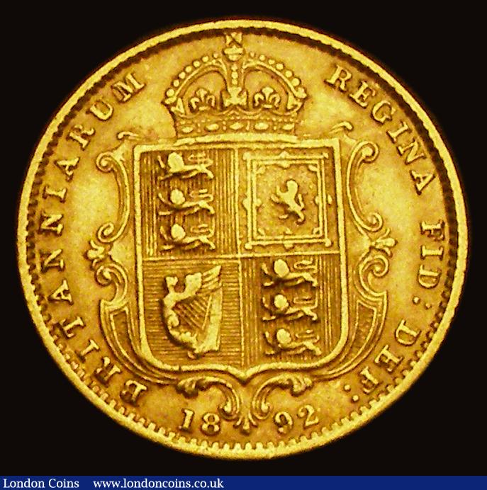 London Coins : A191 : Lot 1586 : Half Sovereign 1892 Low Shield, No J.E.B. on truncation, S.3869D. DISH L516 Good Fine/VF