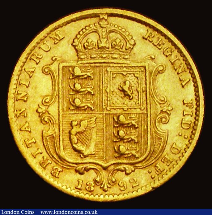 London Coins : A191 : Lot 1587 : Half Sovereign 1892 Low Shield, No J.E.B. on truncation, S.3869D. DISH L516 Good Fine/VF