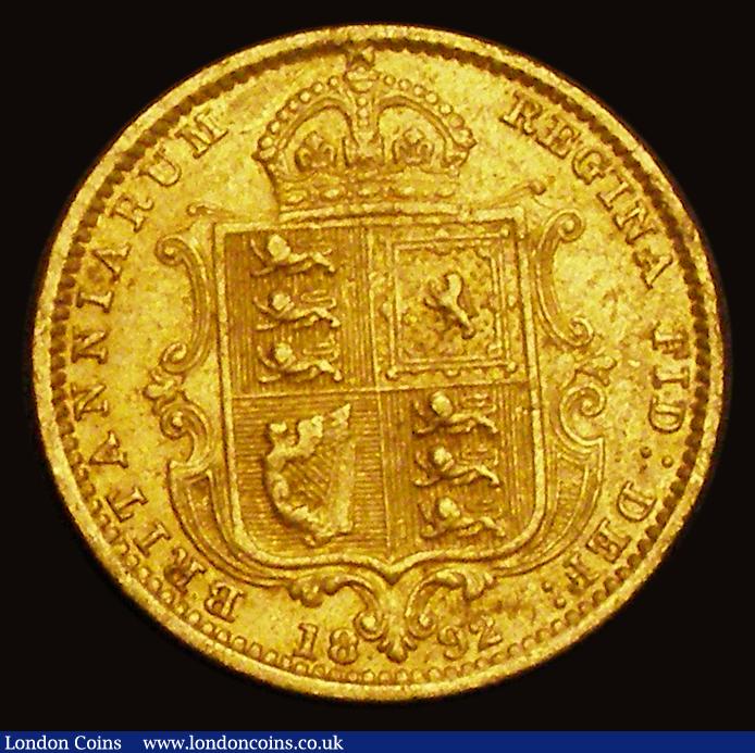 London Coins : A191 : Lot 1588 : Half Sovereign 1892 Low Shield, No J.E.B. on truncation, S.3869D. DISH L516 VF with some surface pit...
