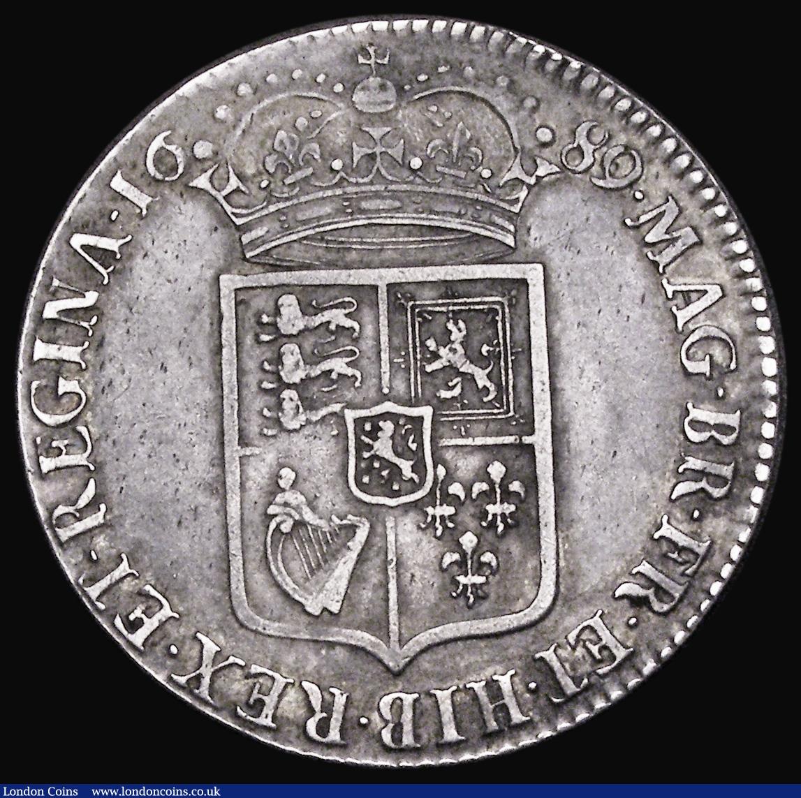 London Coins : A191 : Lot 1635 : Halfcrown 1689 ESC 503 First Busts, First Shield, Caul and interior frosted, approaching VF with an ...