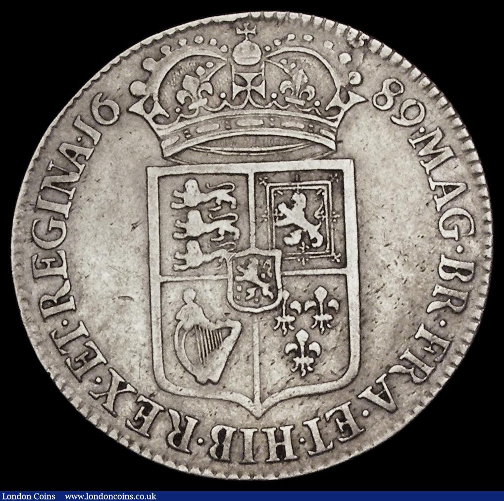 London Coins : A191 : Lot 1636 : Halfcrown 1689 First Shield, Caul and Interior Frosted, with Pearls, First V of GVLIELMVS over A, FR...