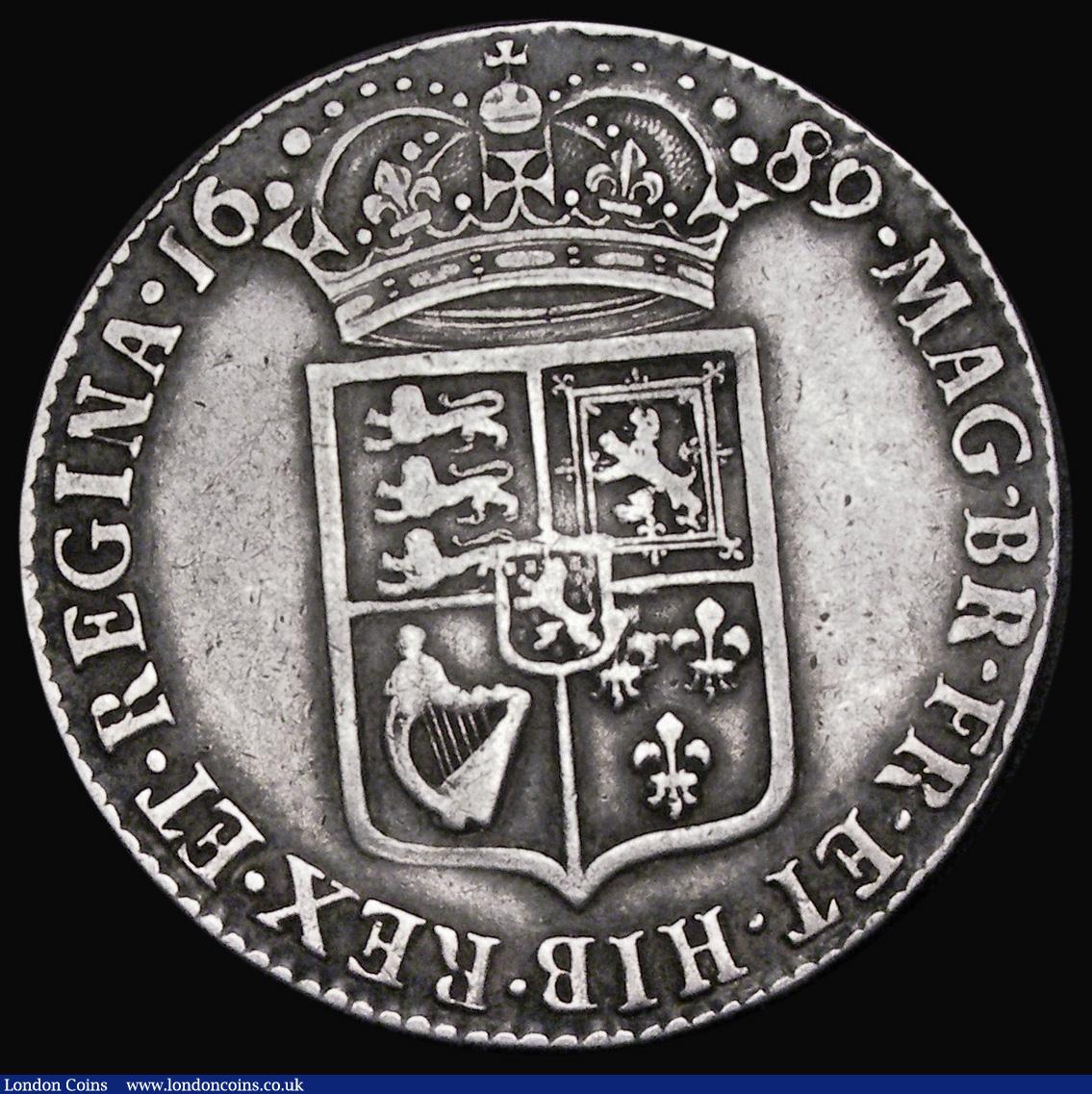 London Coins : A191 : Lot 1637 : Halfcrown 1689 First Shield, Caul only frosted, with pearls, ESC 505, Bull 831 Bold Fine-VF 