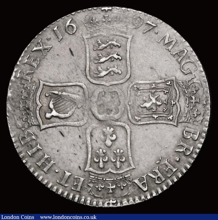 London Coins : A191 : Lot 1648 : Halfcrown 1697 First Bust, Large Shields, Later Harp ESC 541, Bull 1021, GEF in an LCGS holder and g...