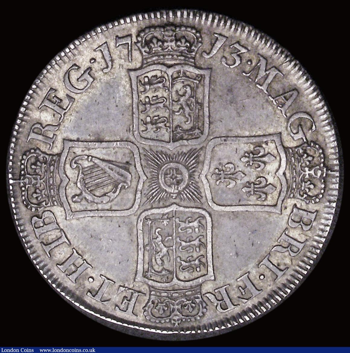 London Coins : A191 : Lot 1655 : Halfcrown 1713 Plain Angles DVODECIMO edge, ESC 583, Bull 1376 Good VF with a pleasant tone and some...