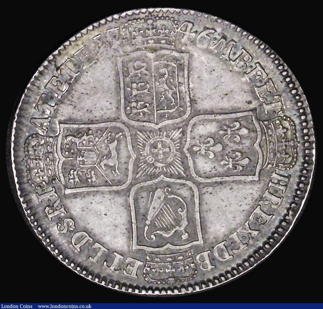 London Coins : A191 : Lot 1662 : Halfcrown 1746 LIMA ESC 607 with 6 over 5 EF or near so with a pleasant tone a some small flecks of ...
