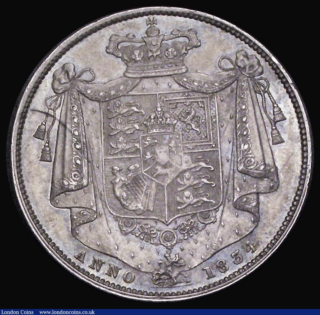 London Coins : A191 : Lot 1677 : Halfcrown 1834 WW in block ESC 660 AU once lightly cleaned now retoning, good eye appeal