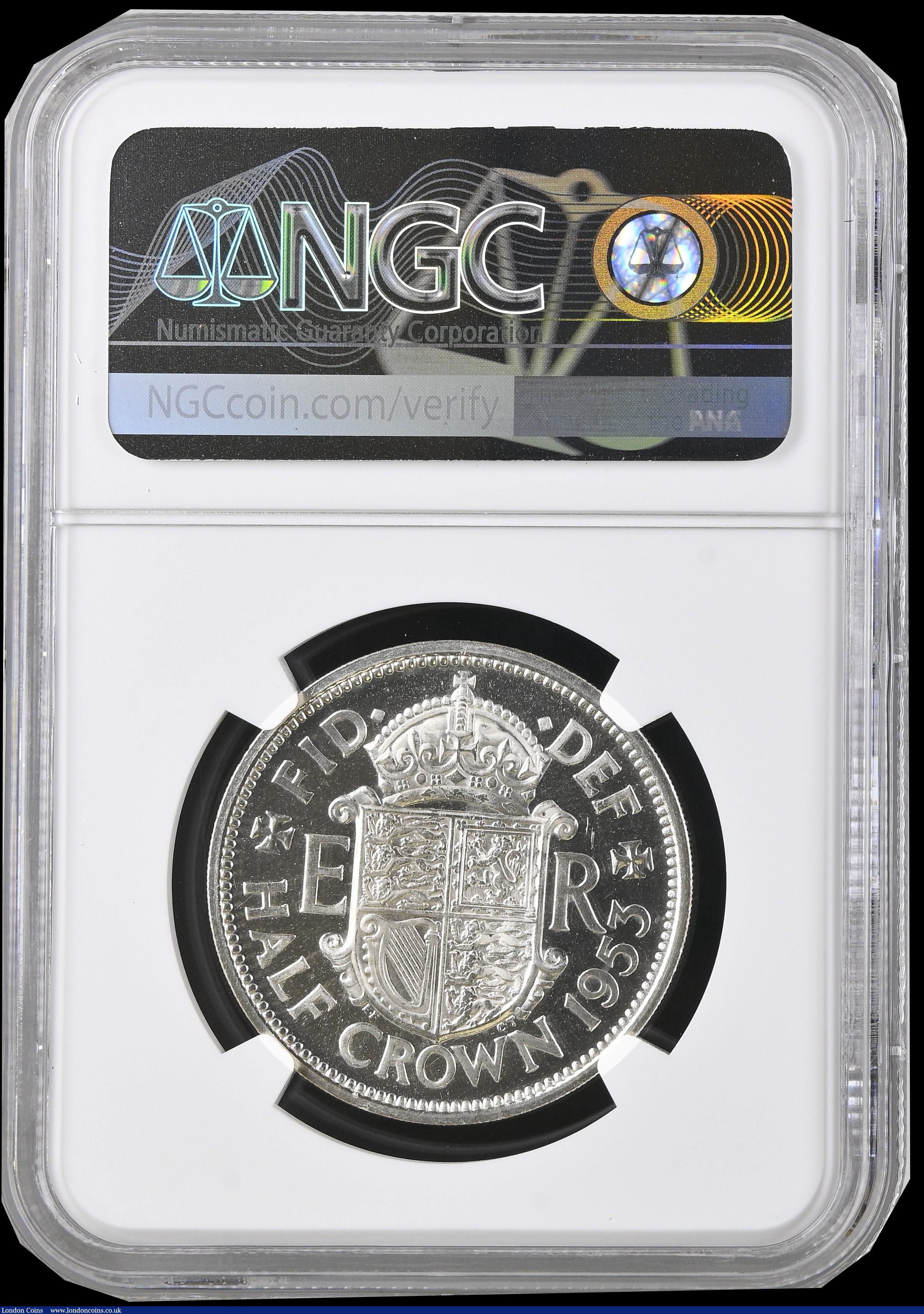 London Coins : A191 : Lot 1748 : Halfcrown 1953 Proof. Obverse 1 Reverse A. Obverse 1 :- I of DEI points to a space, weakly struck po...